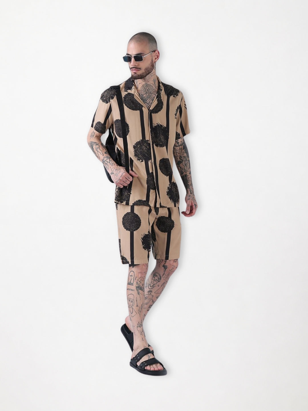 Men's Beige Abstract Print Cuban Collar Relaxed Fit Co-Ords Set