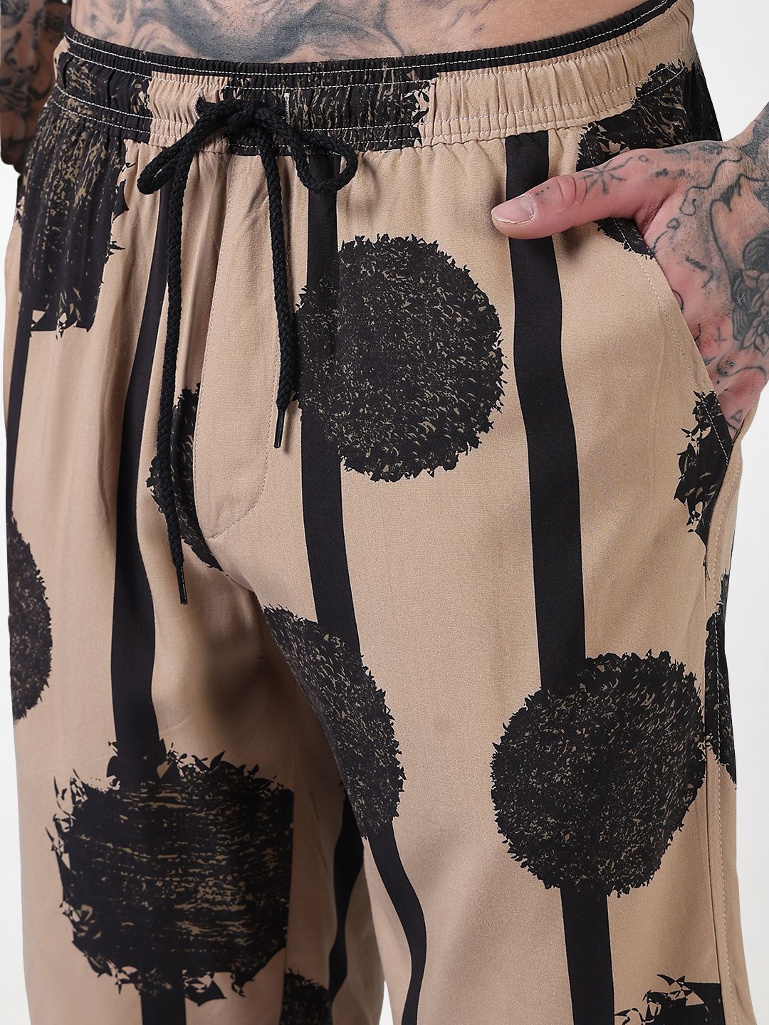 Men's Beige Abstract Print Cuban Collar Relaxed Fit Co-Ords Set