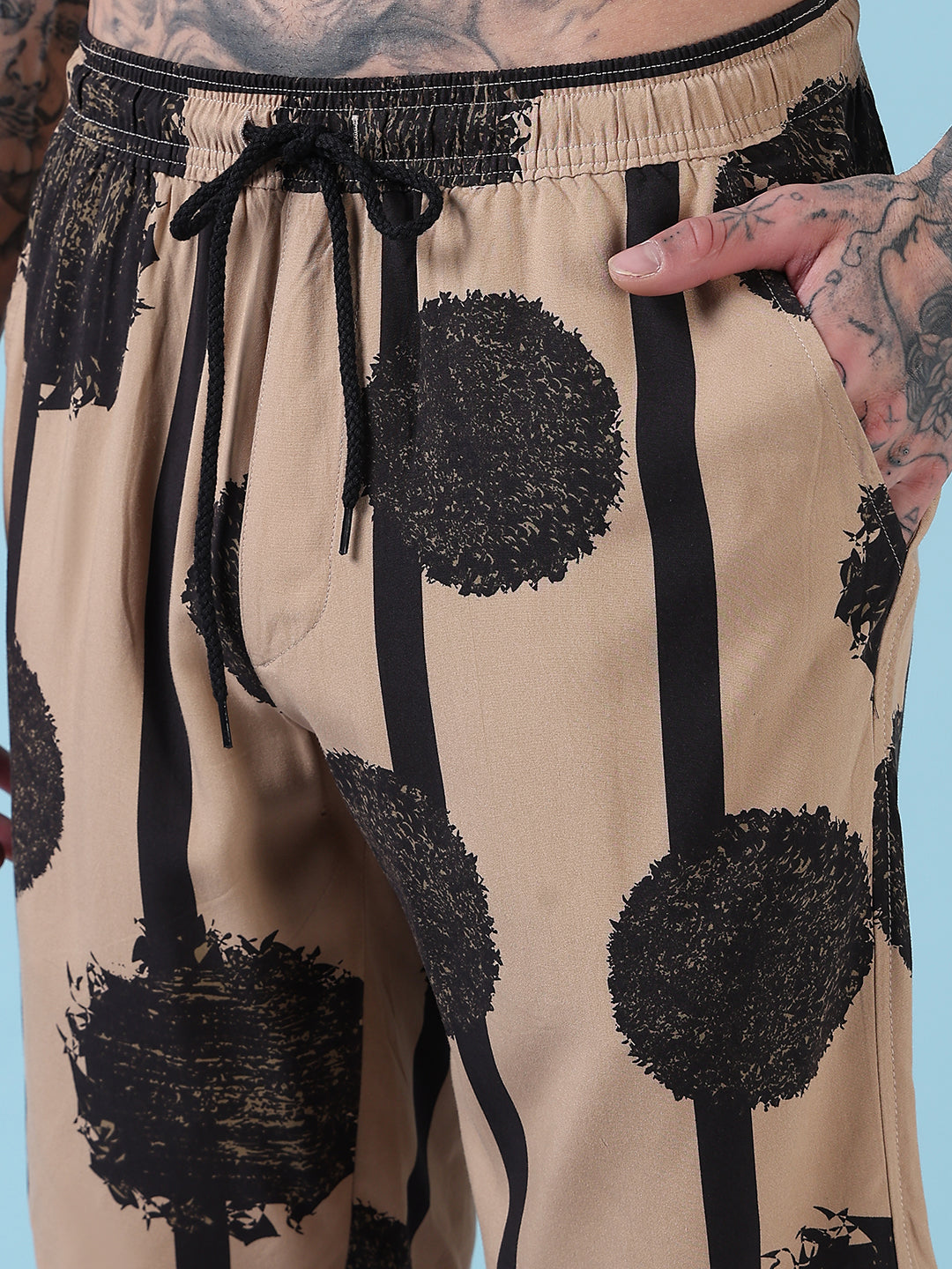 Men's Beige Abstract Print Cuban Collar Relaxed Fit Co-Ords Set