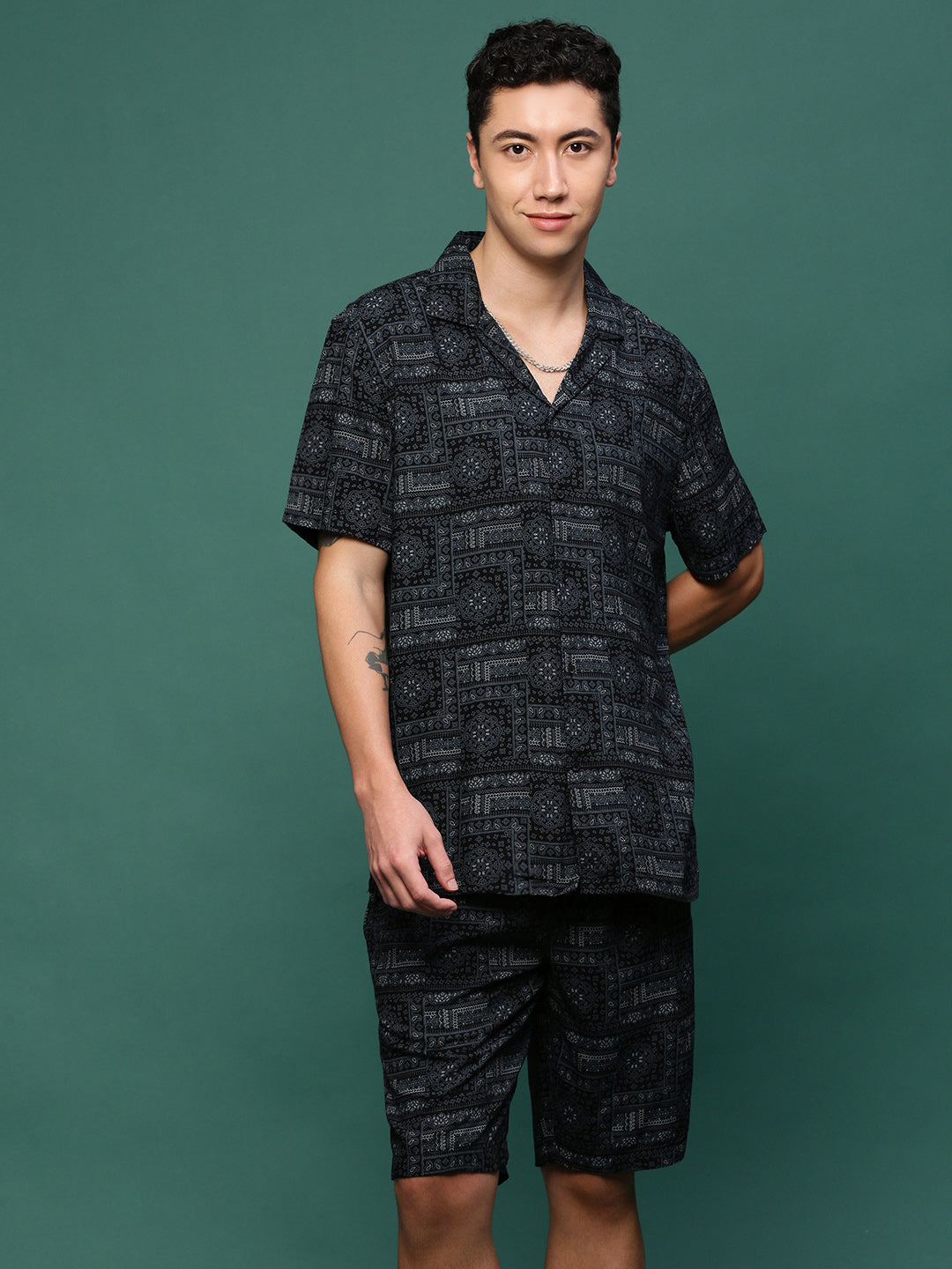 Men Black Cuban Collar Printed Co Ords Set