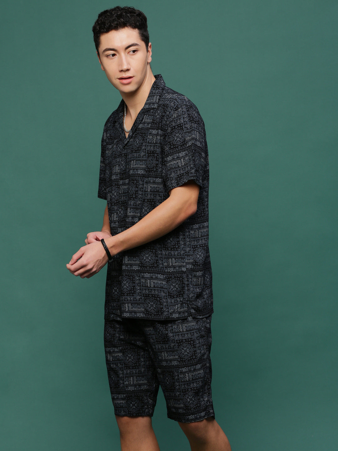 Men Black Cuban Collar Printed Co Ords Set