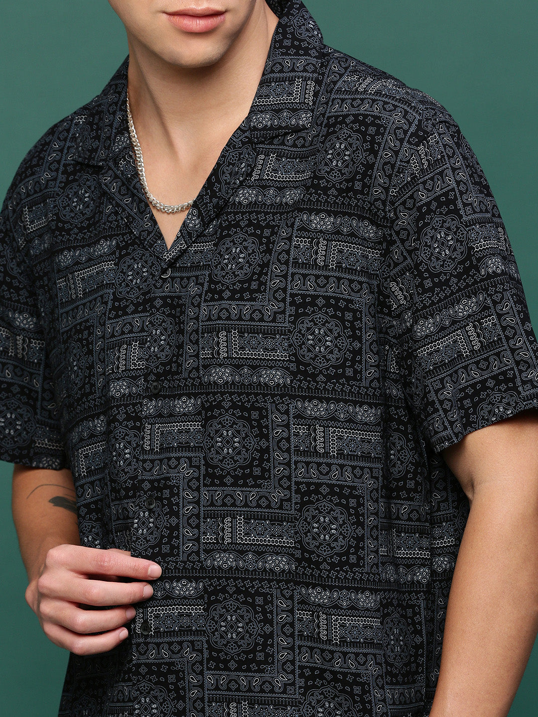 Men Black Cuban Collar Printed Co Ords Set