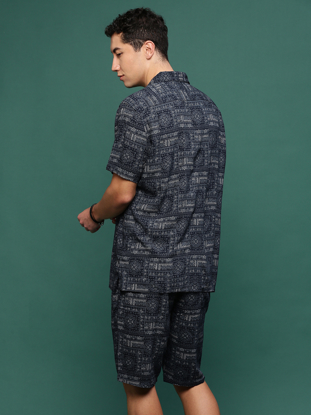 Men Navy Blue Cuban Collar Printed Co Ords Set