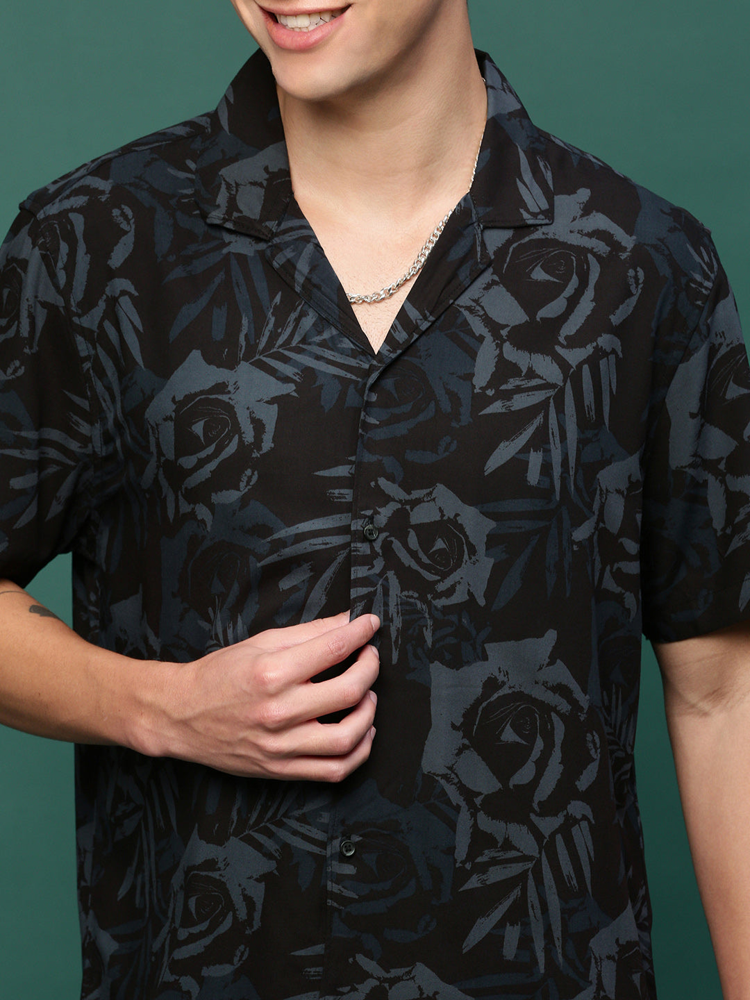 Men Black Cuban Collar Printed Co Ords Set