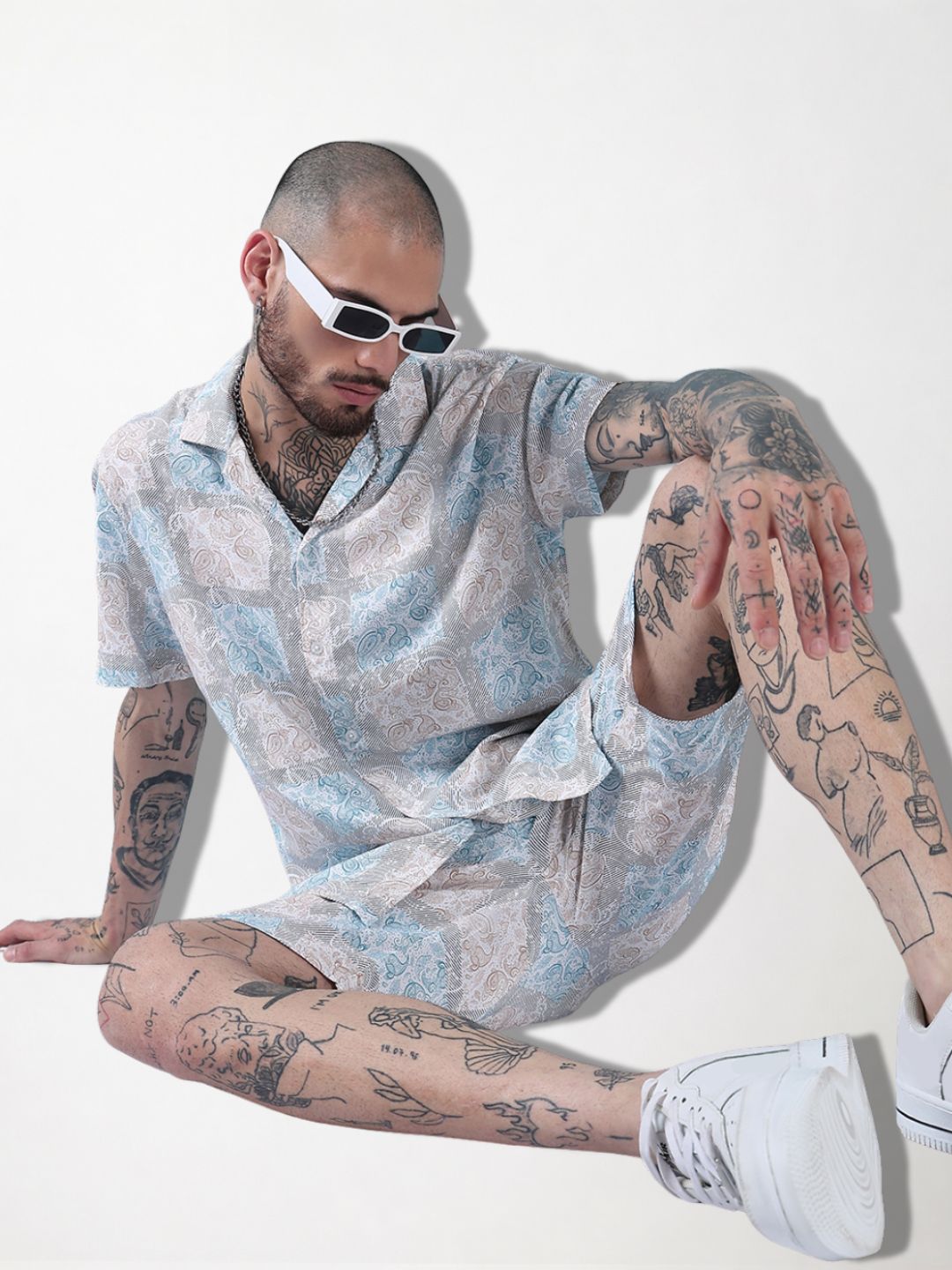 Men's Blue Printed Cuban Collar Relaxed Fit Co-Ords Set