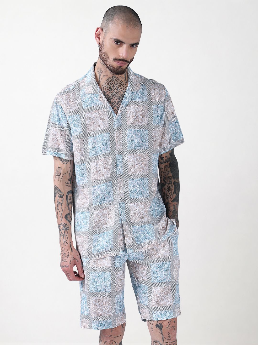 Men's Blue Printed Cuban Collar Relaxed Fit Co-Ords Set