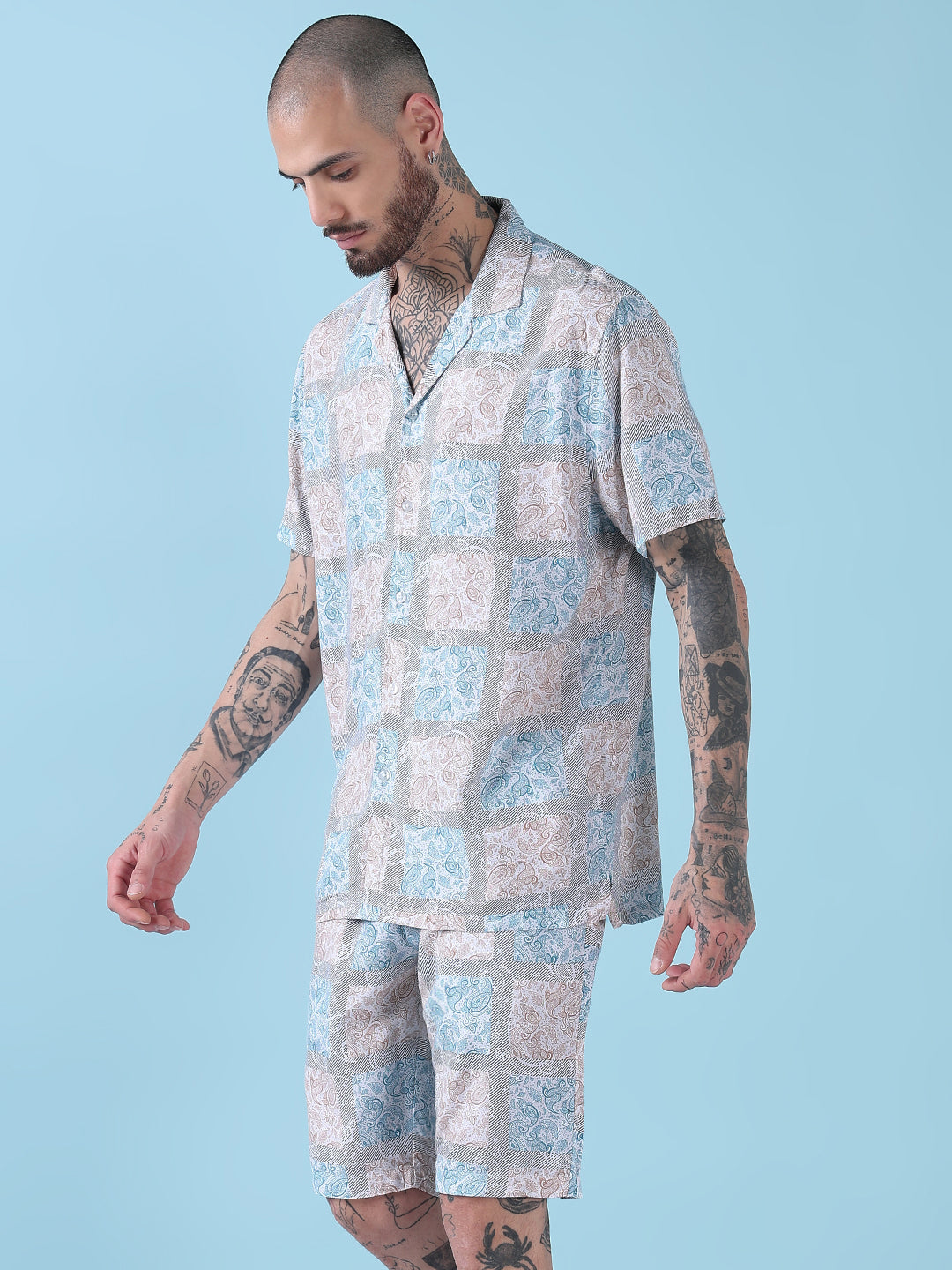 Men's Blue Printed Cuban Collar Relaxed Fit Co-Ords Set