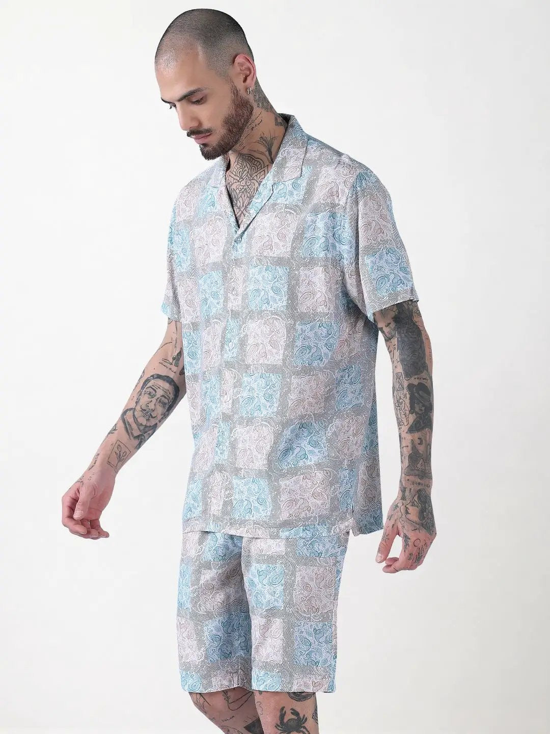 Men's Blue Printed Cuban Collar Relaxed Fit Co-Ords Set - Uncategorized from SHOWOFFFF