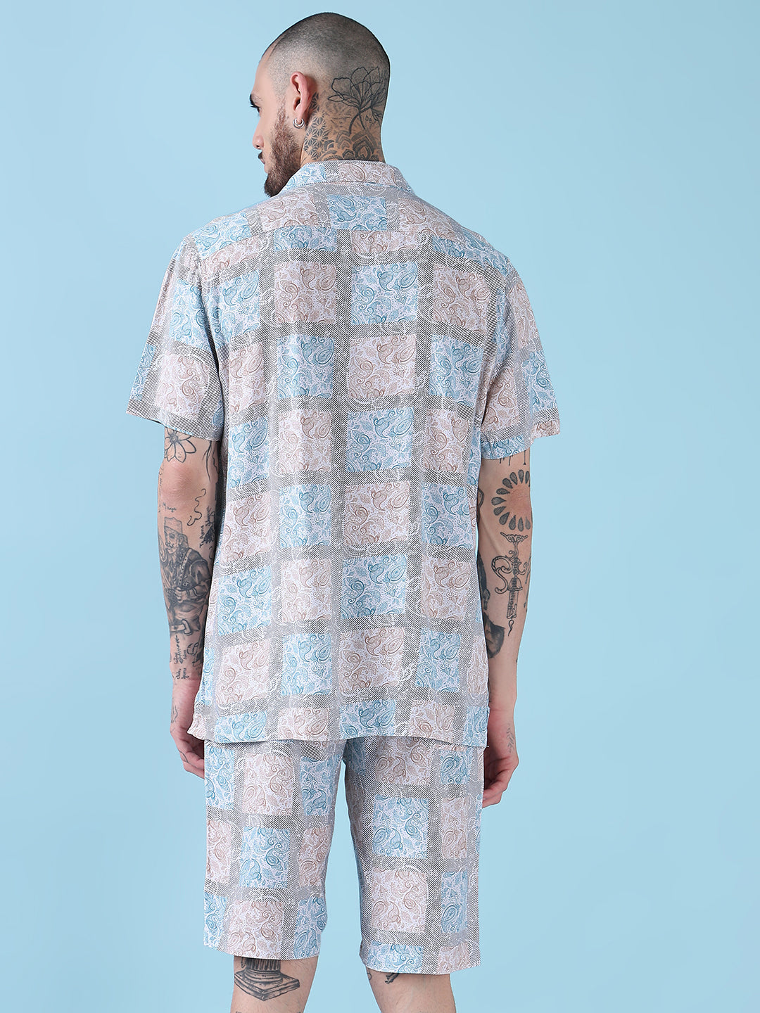 Men's Blue Printed Cuban Collar Relaxed Fit Co-Ords Set