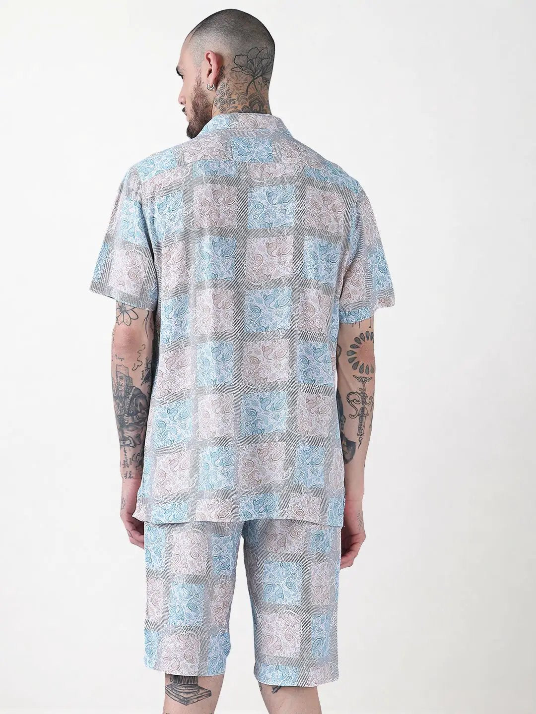 Men's Blue Printed Cuban Collar Relaxed Fit Co-Ords Set - Uncategorized from SHOWOFFFF