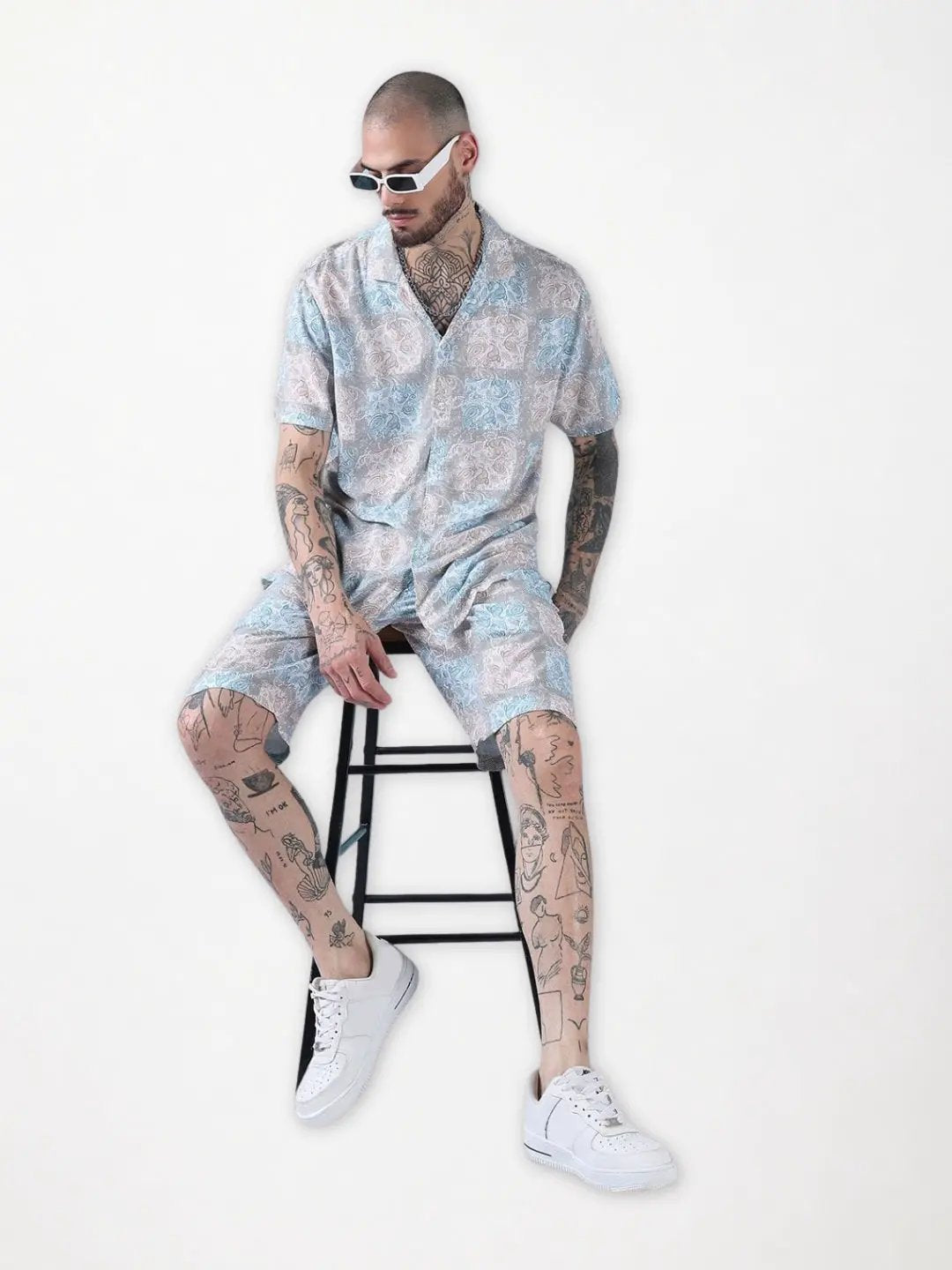 Men's Blue Printed Cuban Collar Relaxed Fit Co-Ords Set - Uncategorized from SHOWOFFFF