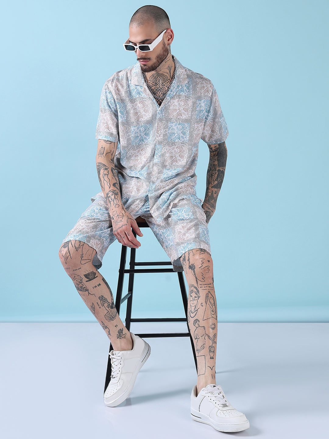 Men's Blue Printed Cuban Collar Relaxed Fit Co-Ords Set