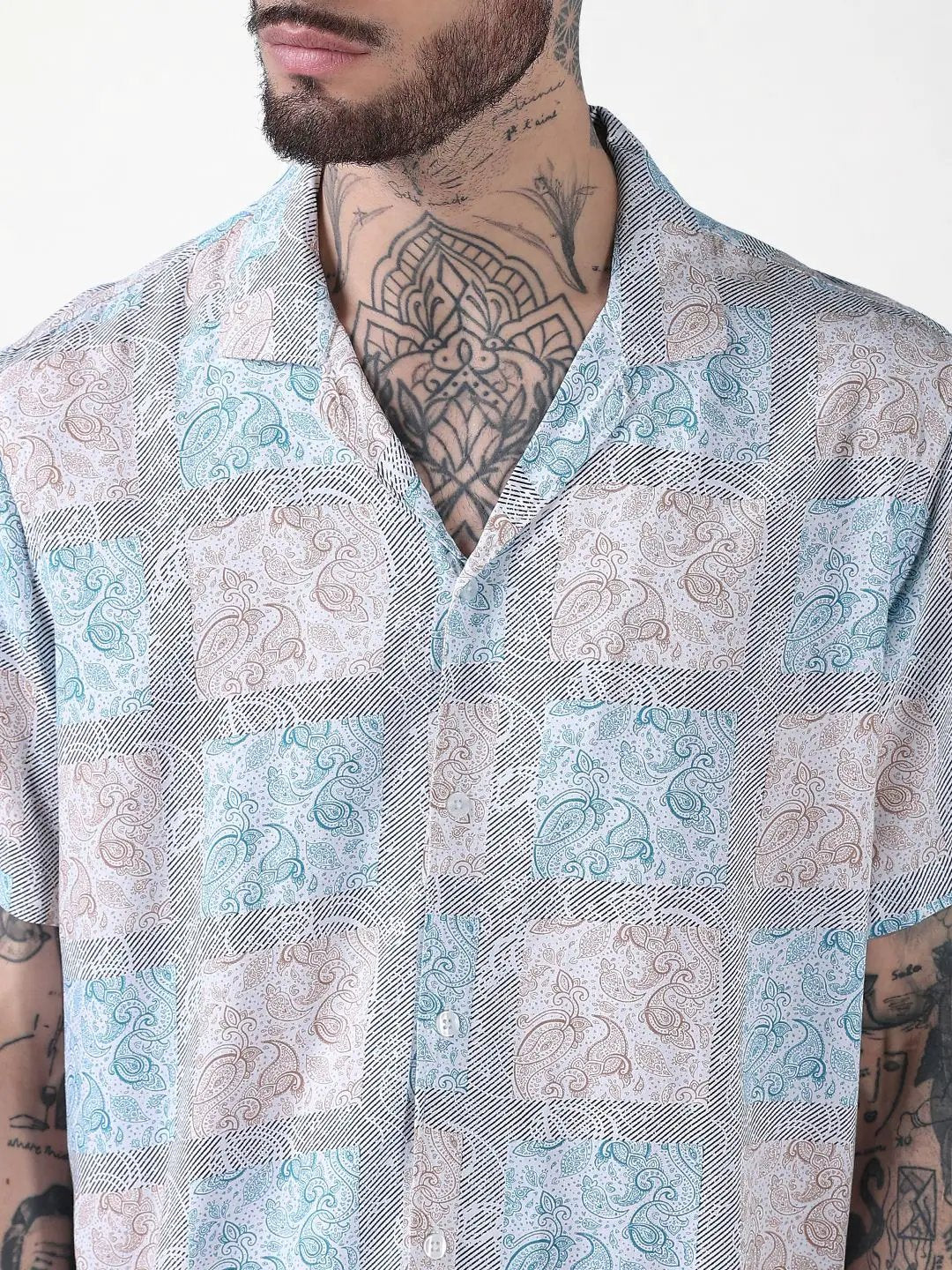 Men's Blue Printed Cuban Collar Relaxed Fit Co-Ords Set - Uncategorized from SHOWOFFFF