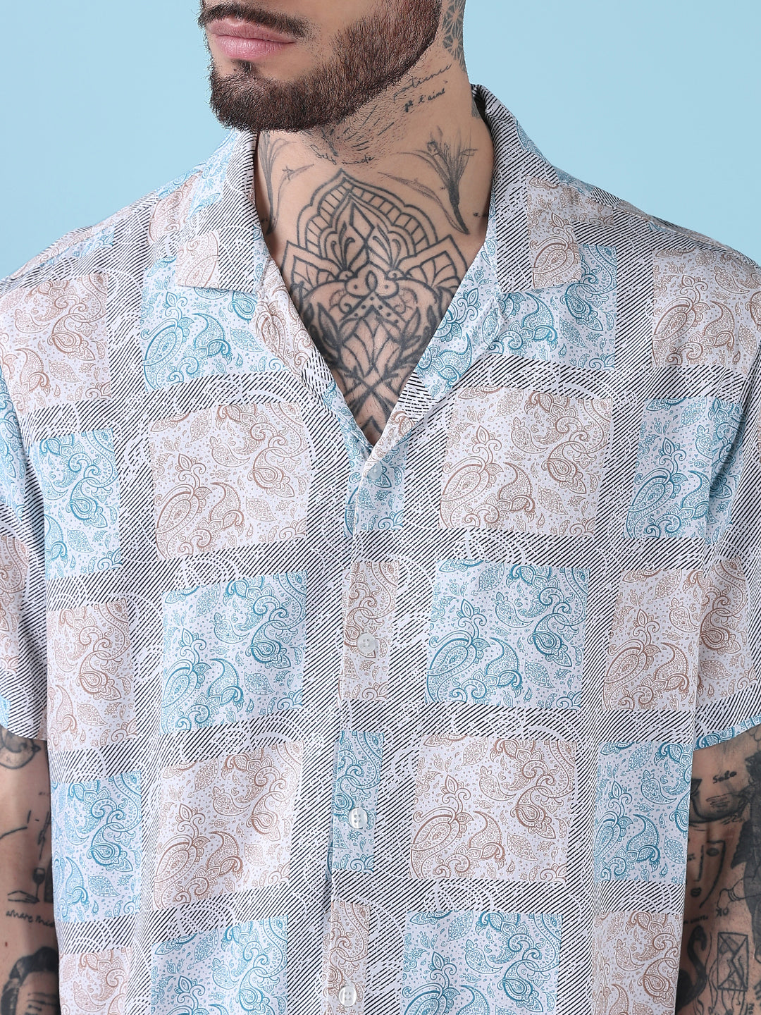 Men's Blue Printed Cuban Collar Relaxed Fit Co-Ords Set