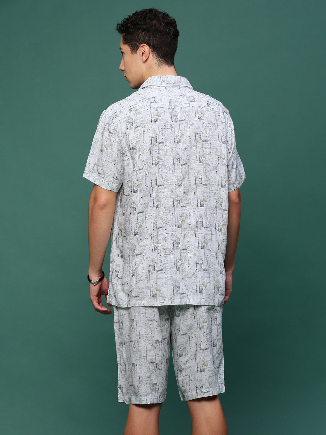 Men Off White Cuban Collar Printed Co Ords Set