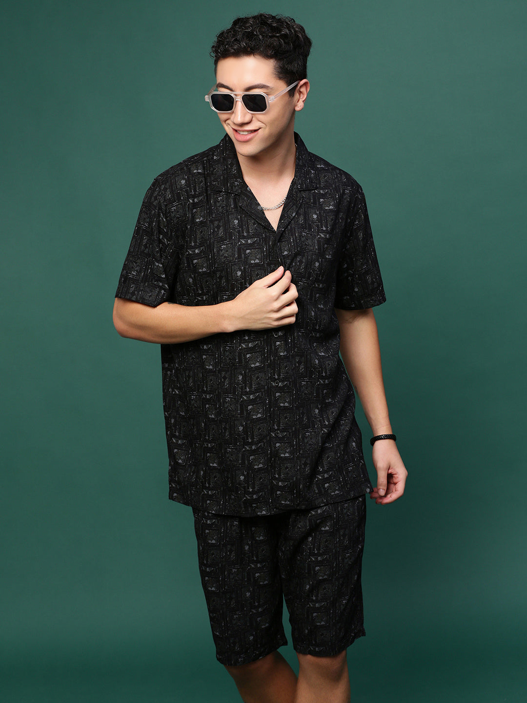 Men Black Cuban Collar Printed Co Ords Set