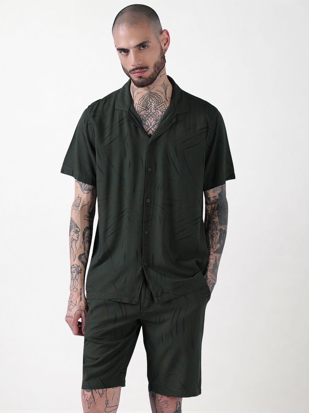 Men's Green Abstract Print Cuban Collar Relaxed Fit Co-Ords Set