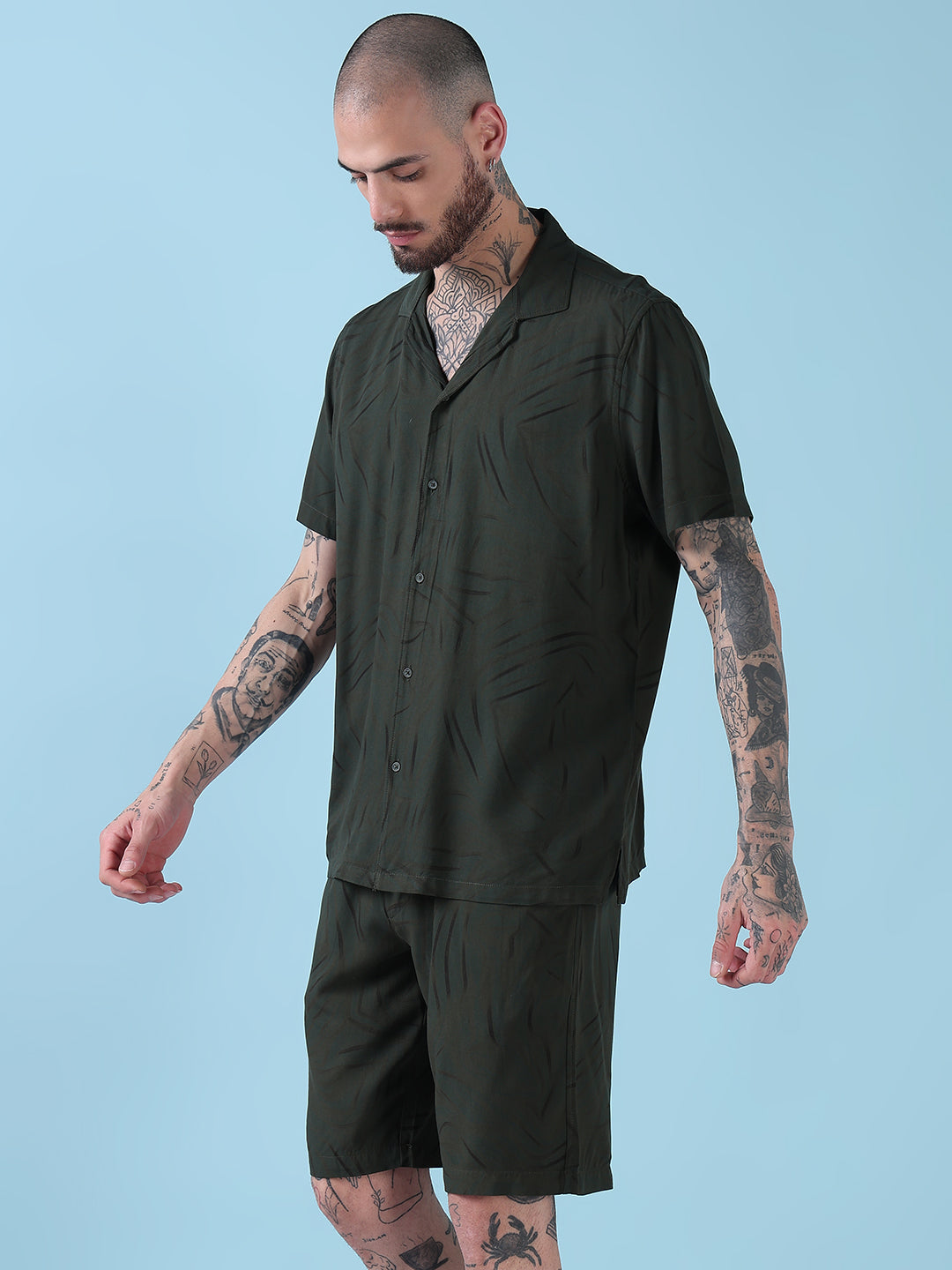 Men's Green Abstract Print Cuban Collar Relaxed Fit Co-Ords Set