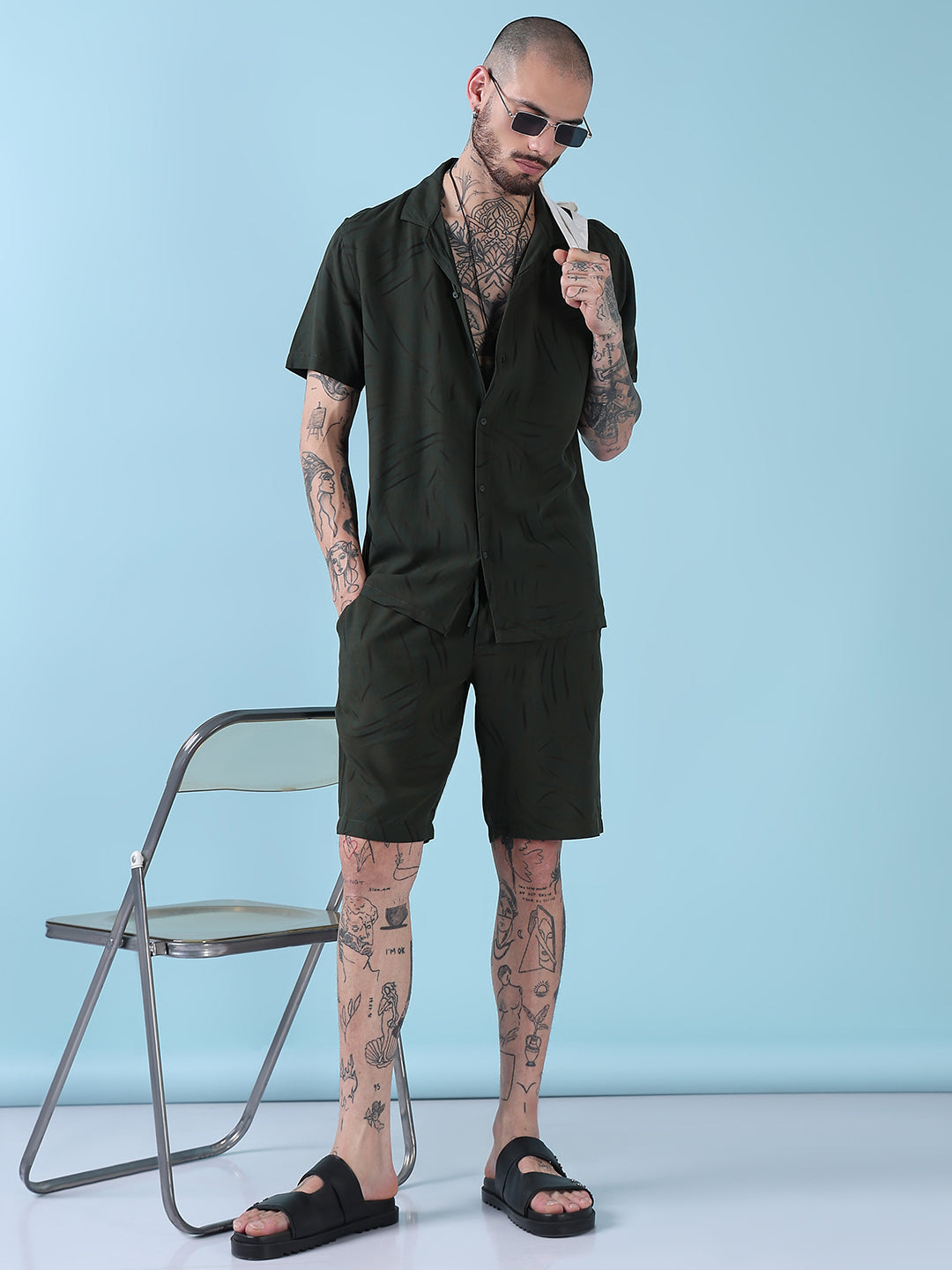 Men's Green Abstract Print Cuban Collar Relaxed Fit Co-Ords Set