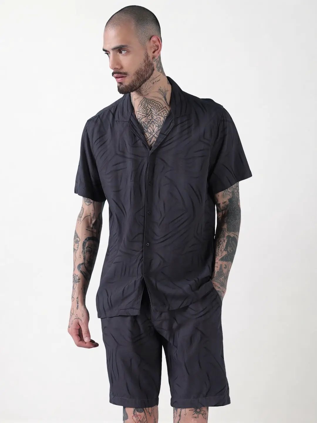 Men's Grey Abstract Print Cuban Collar Relaxed Fit Co-Ords Set - Uncategorized from SHOWOFFFF