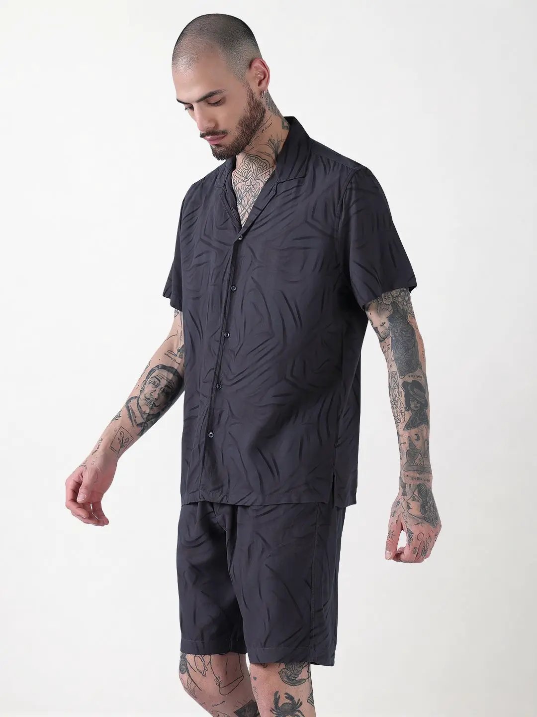 Men's Grey Abstract Print Cuban Collar Relaxed Fit Co-Ords Set - Uncategorized from SHOWOFFFF