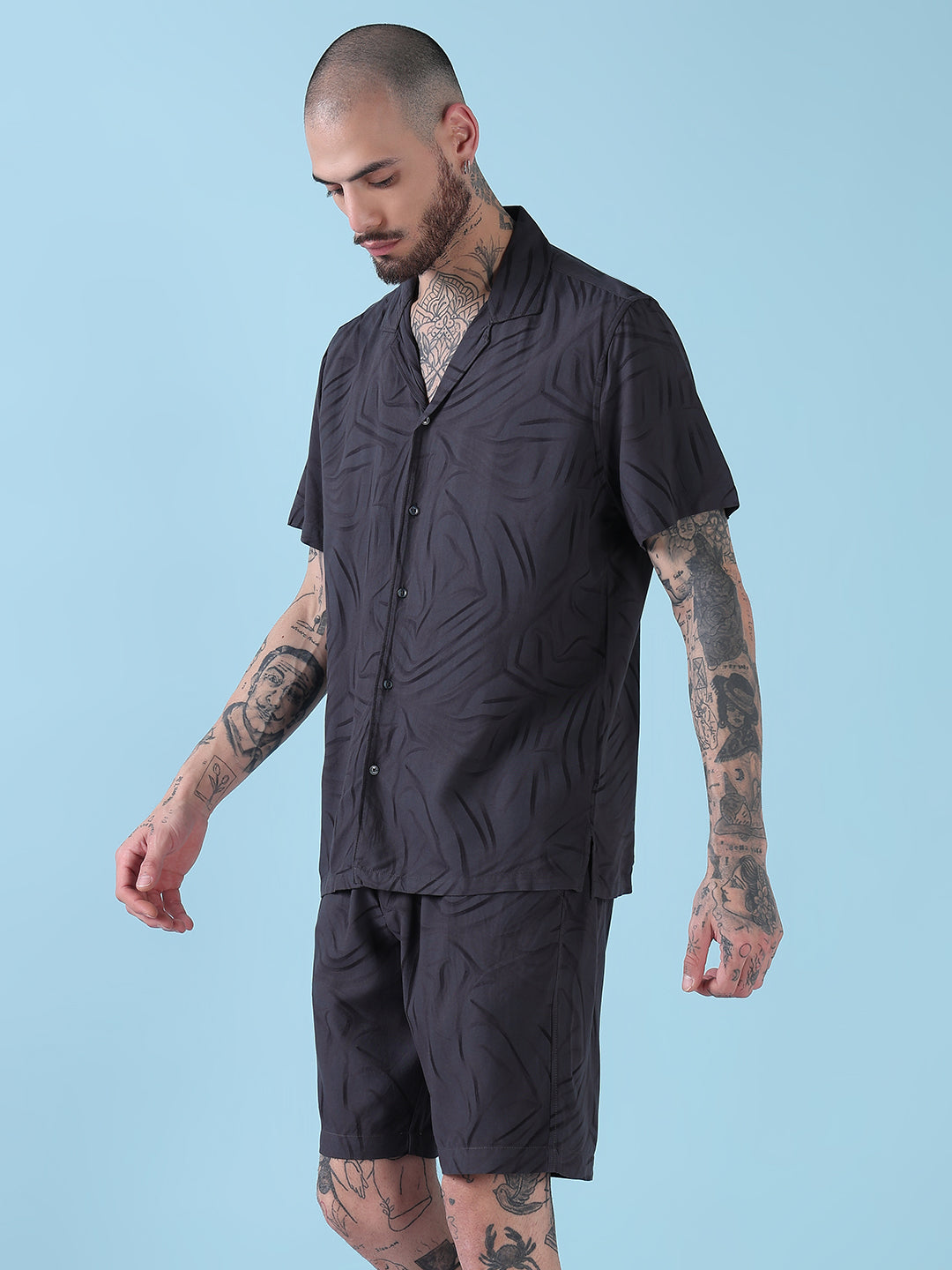 Men's Grey Abstract Print Cuban Collar Relaxed Fit Co-Ords Set