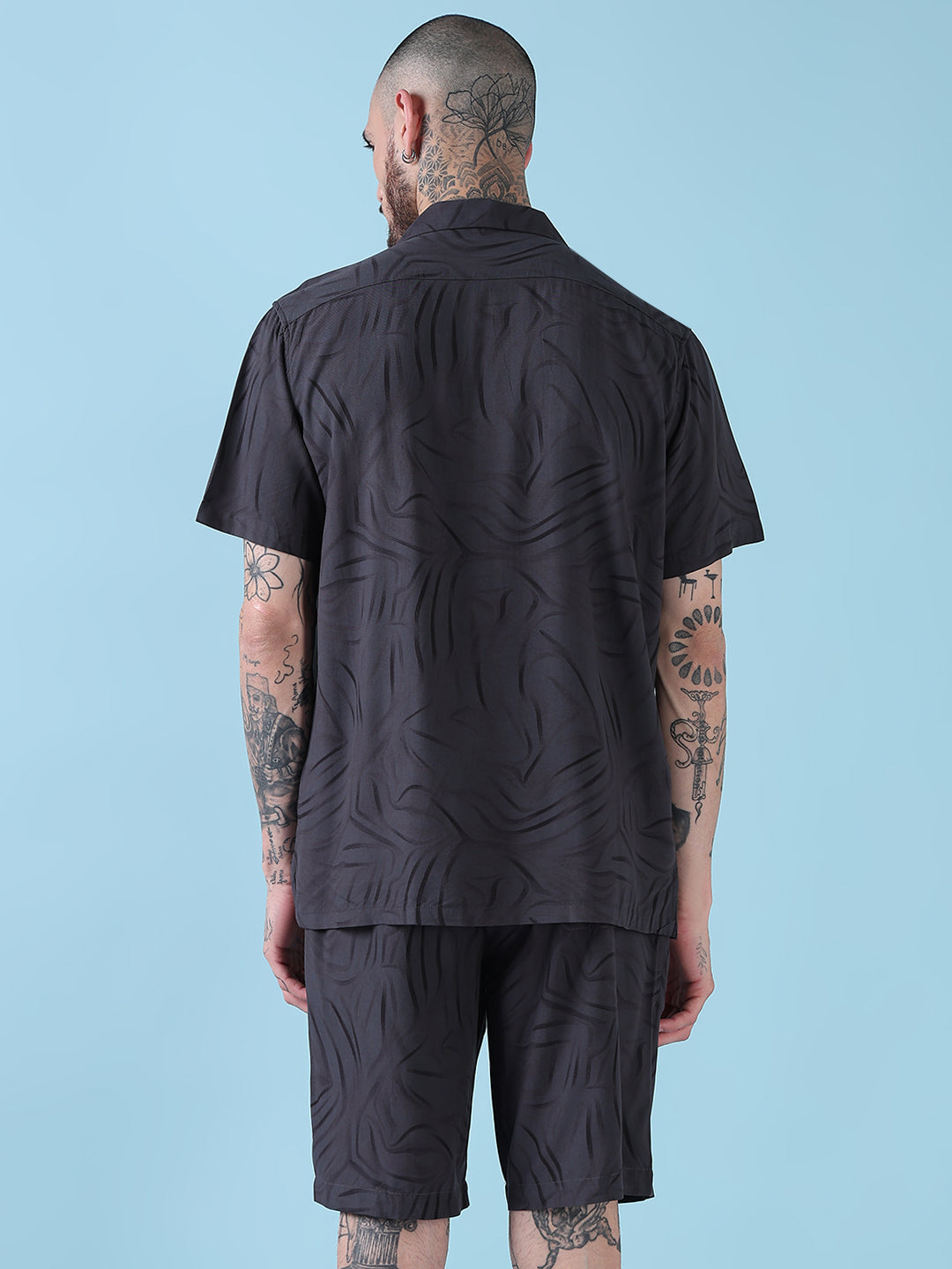 Men's Grey Abstract Print Cuban Collar Relaxed Fit Co-Ords Set