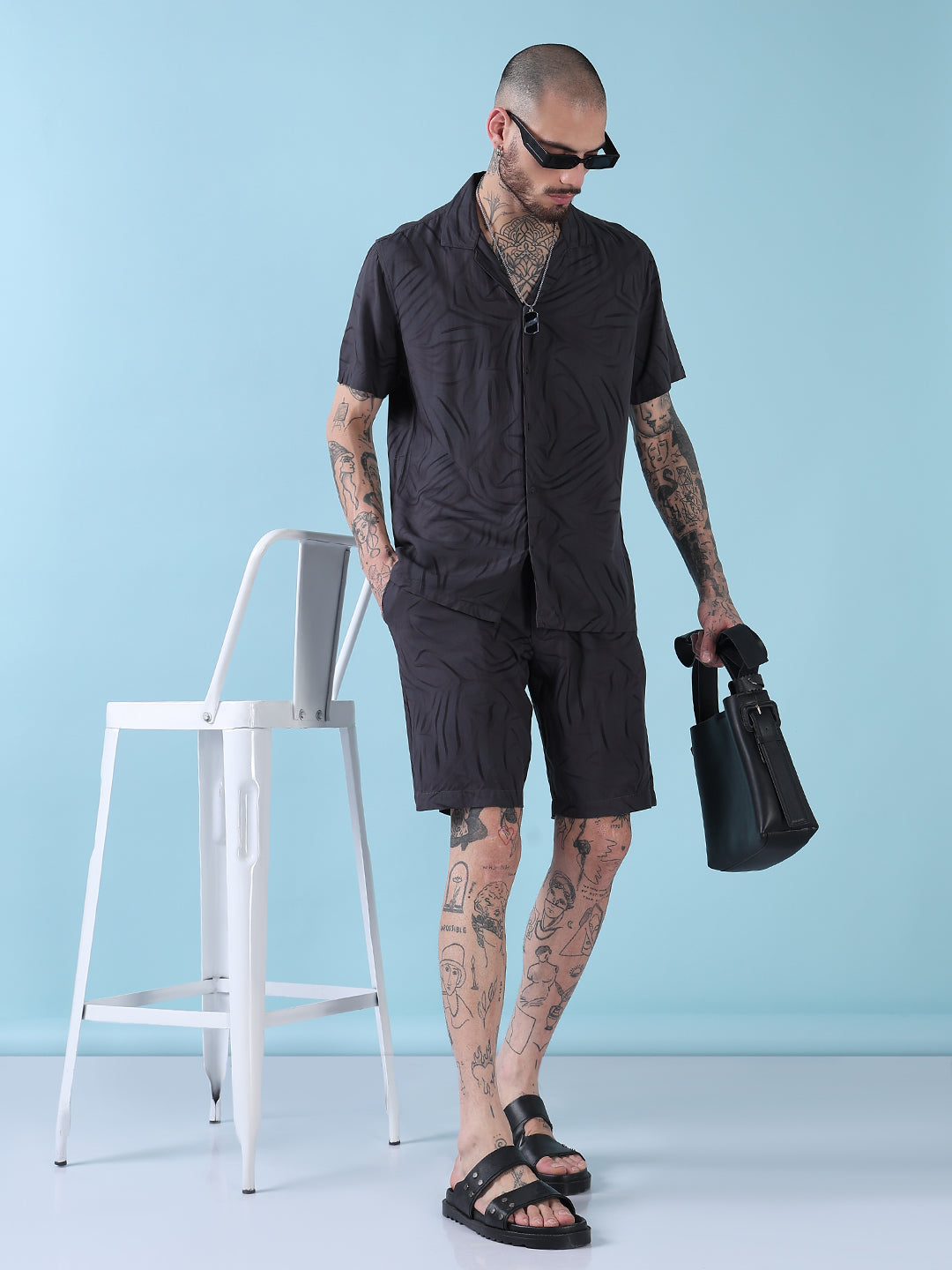 Men's Grey Abstract Print Cuban Collar Relaxed Fit Co-Ords Set