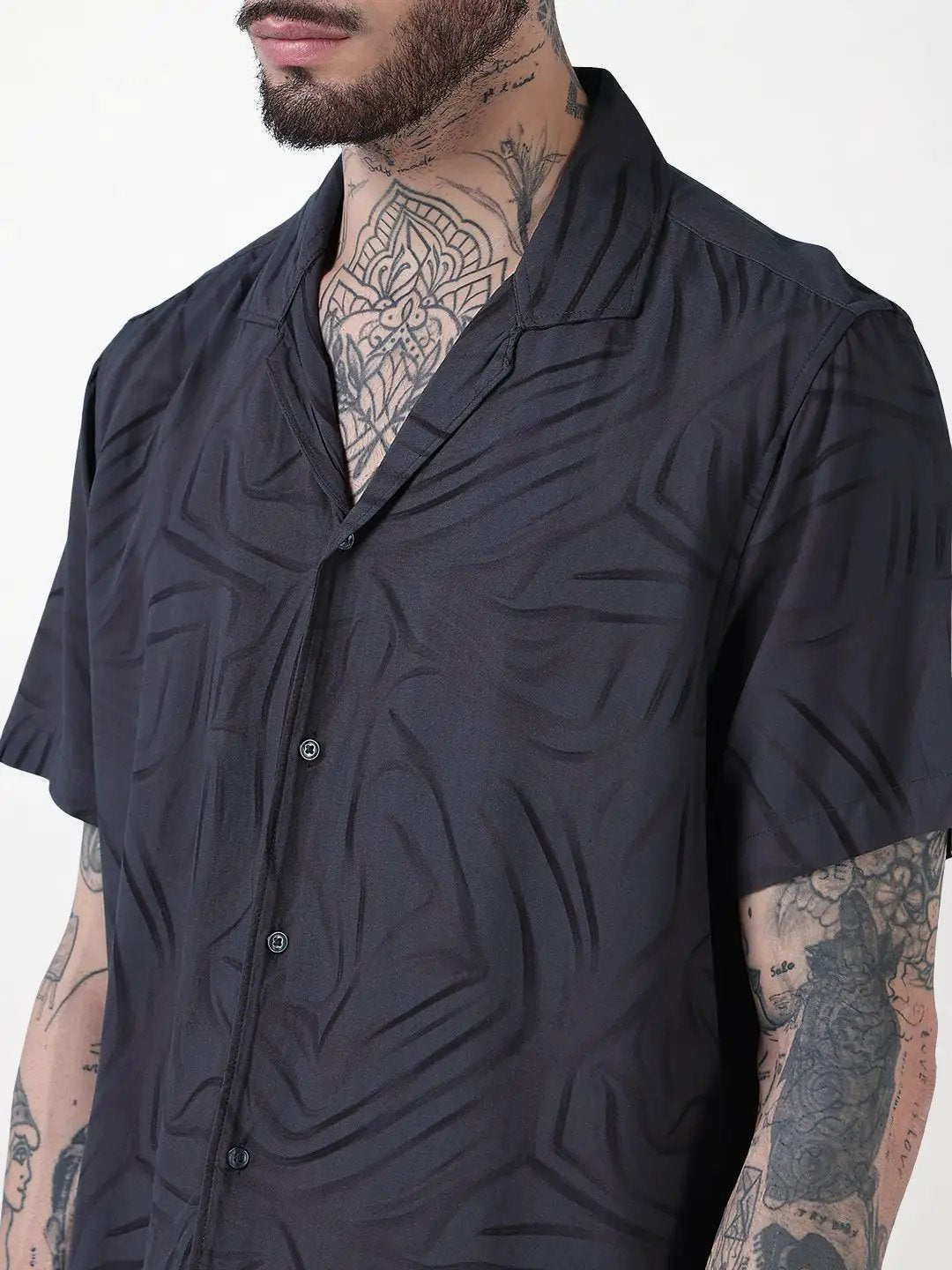 Men's Grey Abstract Print Cuban Collar Relaxed Fit Co-Ords Set - Uncategorized from SHOWOFFFF