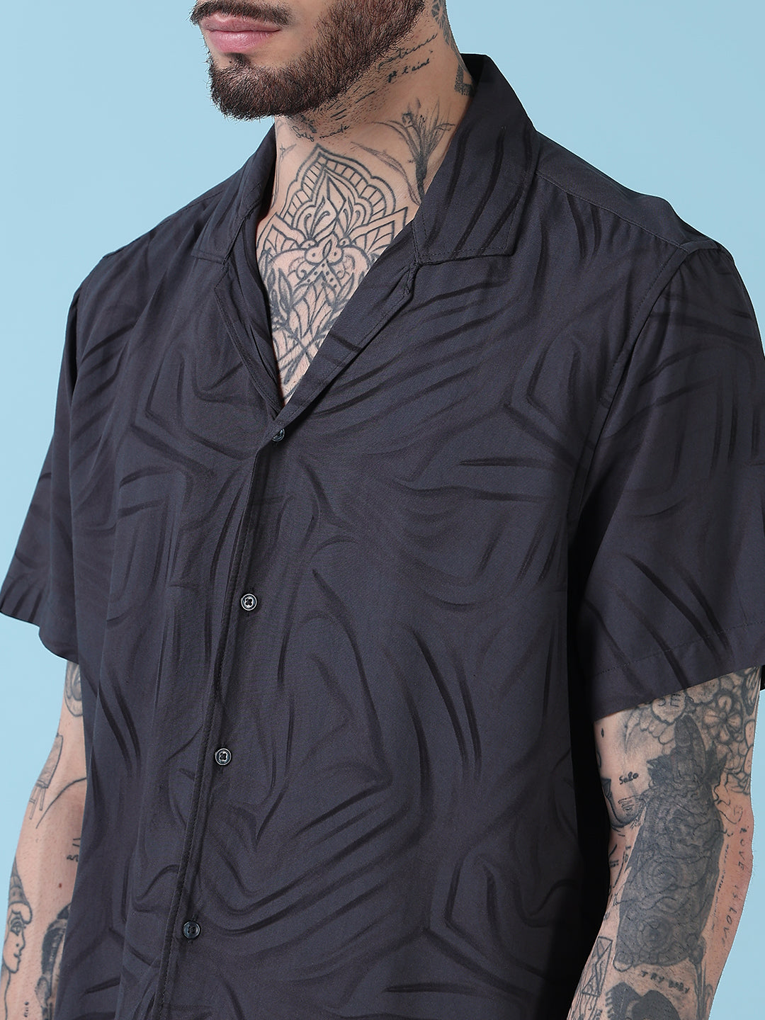 Men's Grey Abstract Print Cuban Collar Relaxed Fit Co-Ords Set