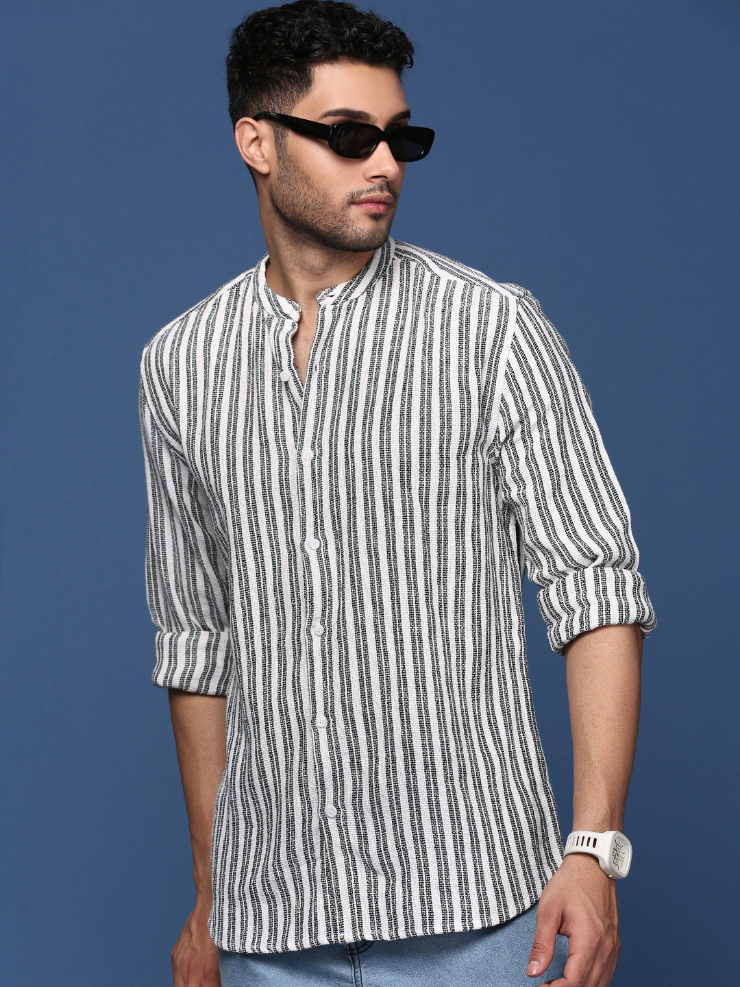 Men Mandarin Collar Striped White Slim Fit Shirt