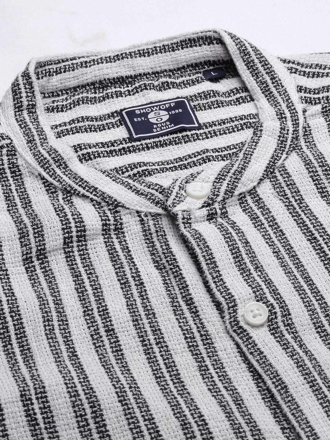 Men Mandarin Collar Striped White Slim Fit Shirt