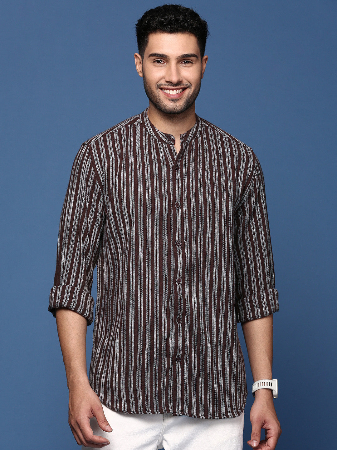 Men Mandarin Collar Striped Brown Slim Fit Shirt