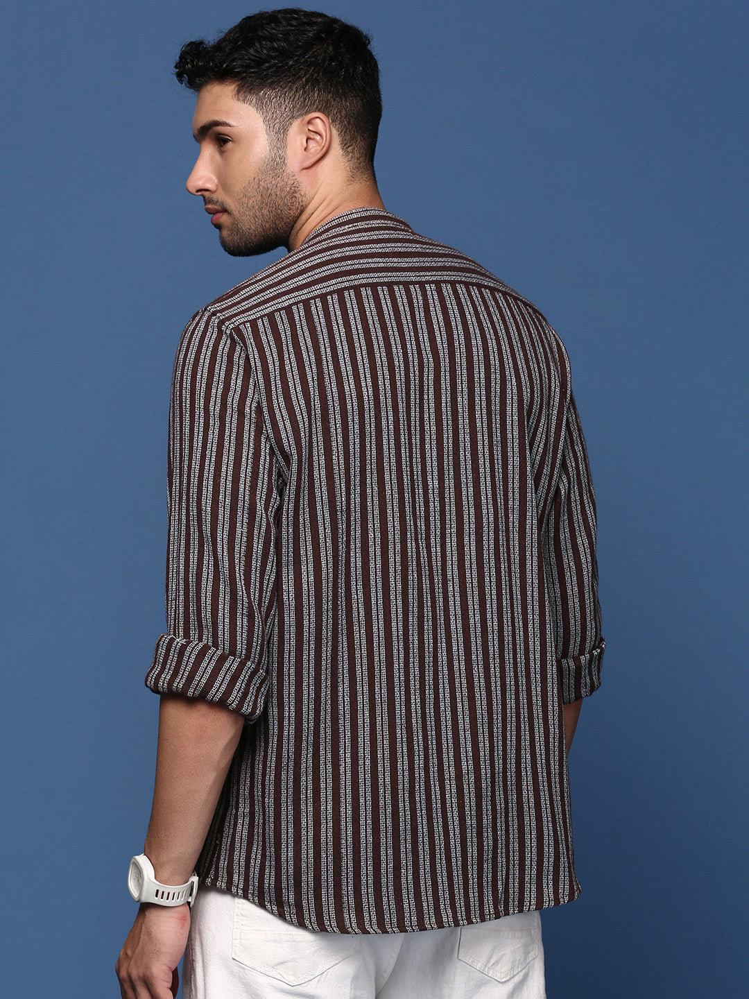 Men Mandarin Collar Striped Brown Slim Fit Shirt