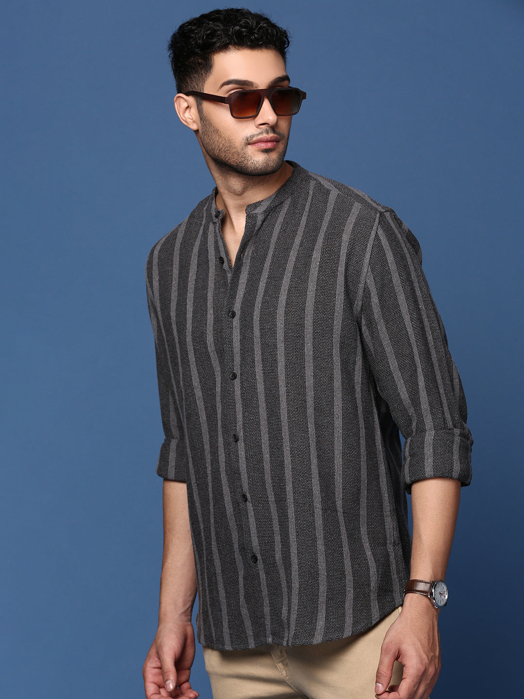 Men Mandarin Collar Striped Charcoal Slim Fit Shirt