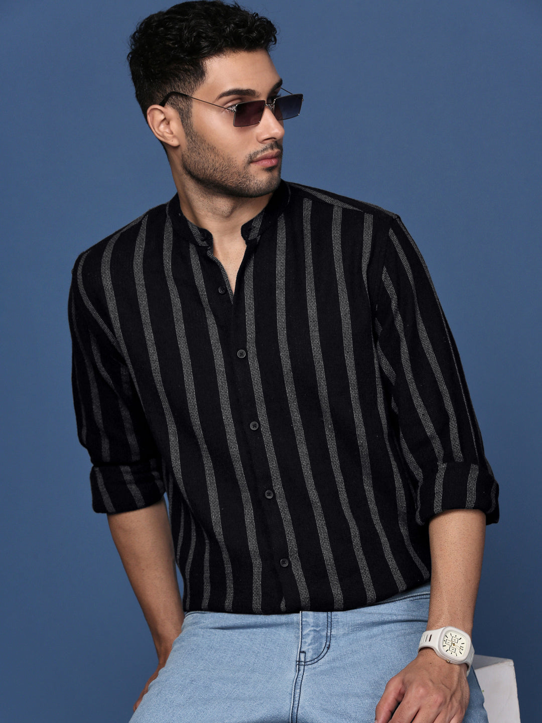 Men Mandarin Collar Striped Black Slim Fit Shirt