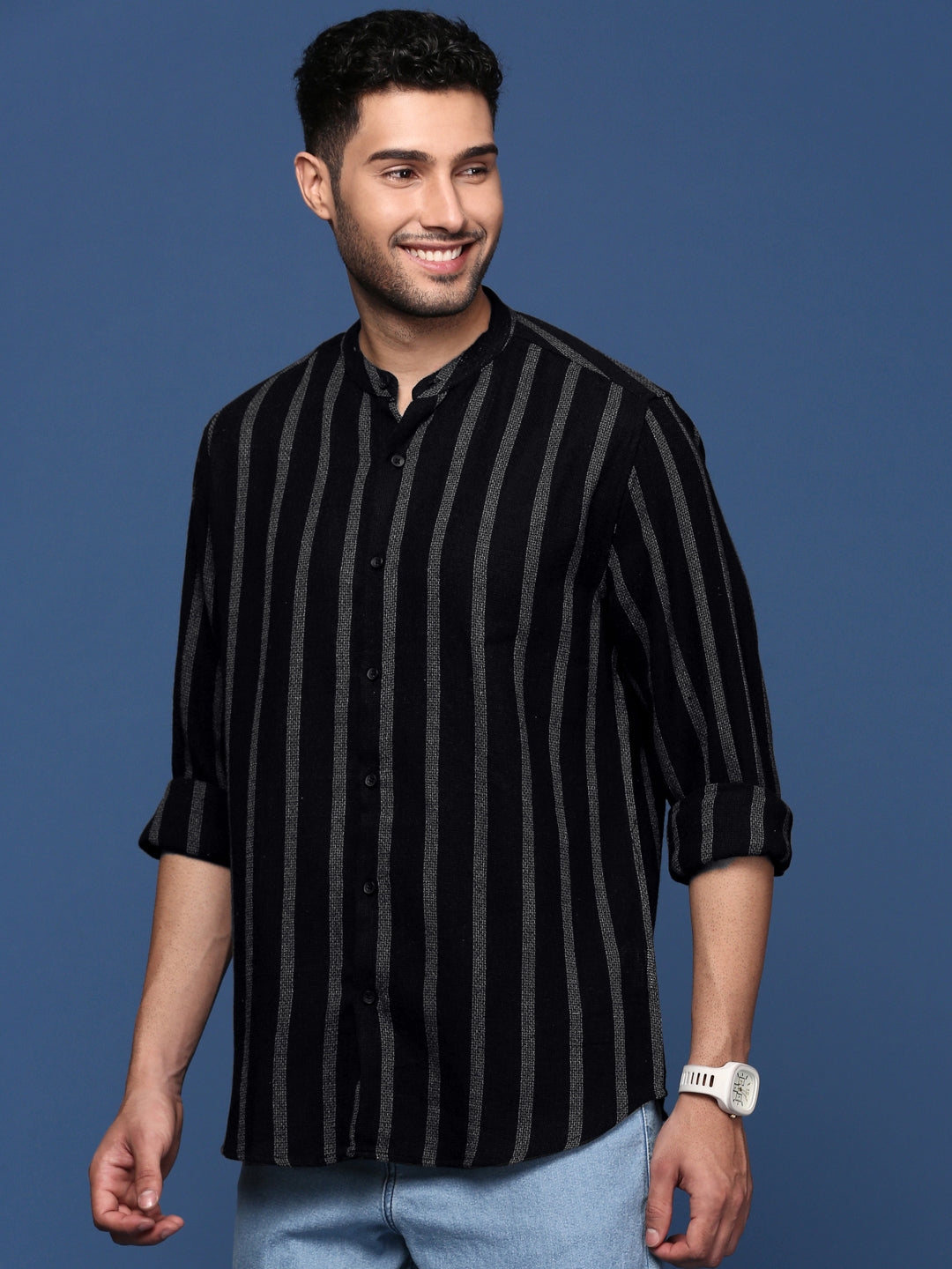 Men Mandarin Collar Striped Black Slim Fit Shirt