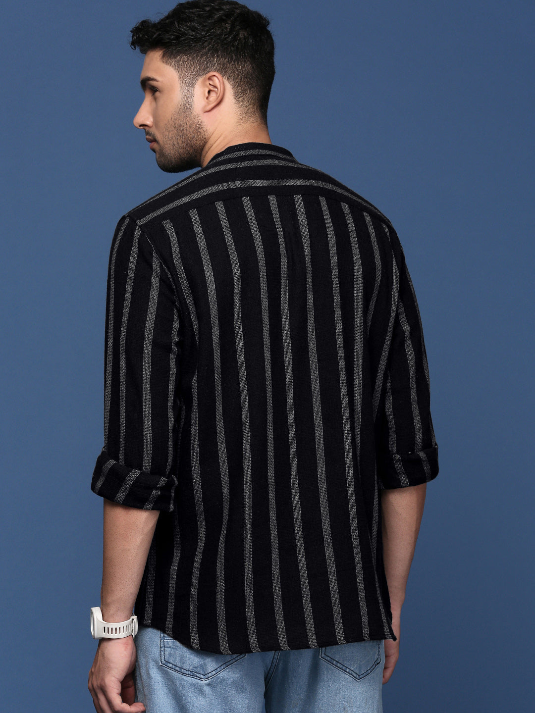 Men Mandarin Collar Striped Black Slim Fit Shirt