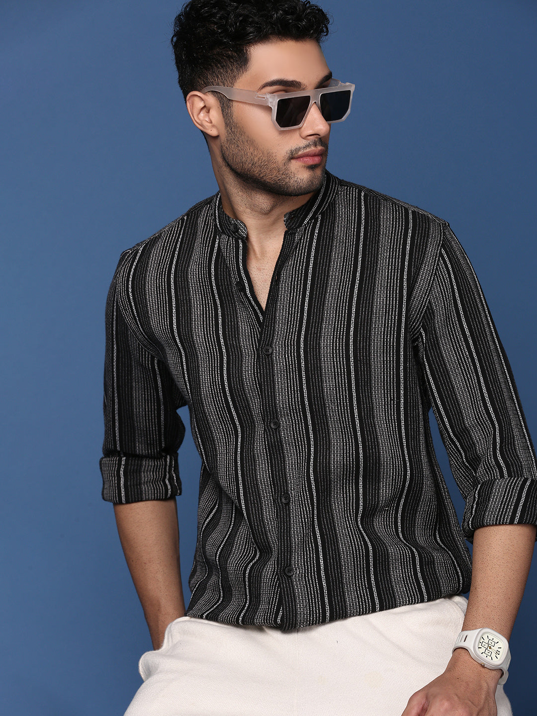 Men Mandarin Collar Striped Black Slim Fit Shirt