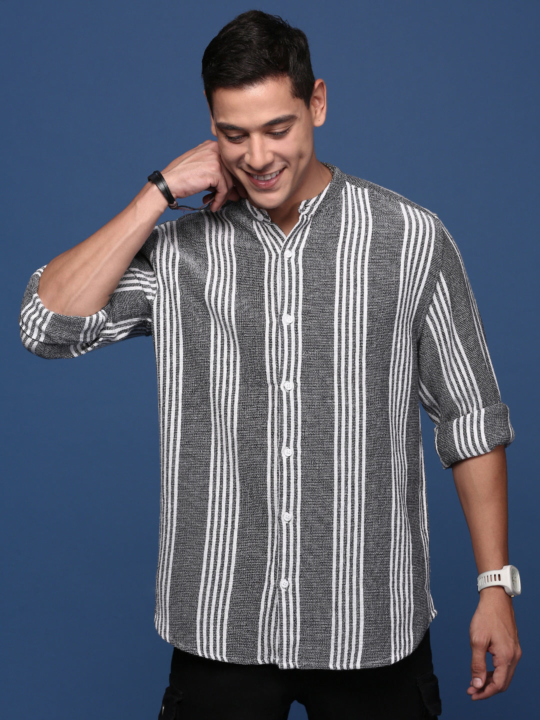 Men Mandarin Collar Striped Black Slim Fit Shirt