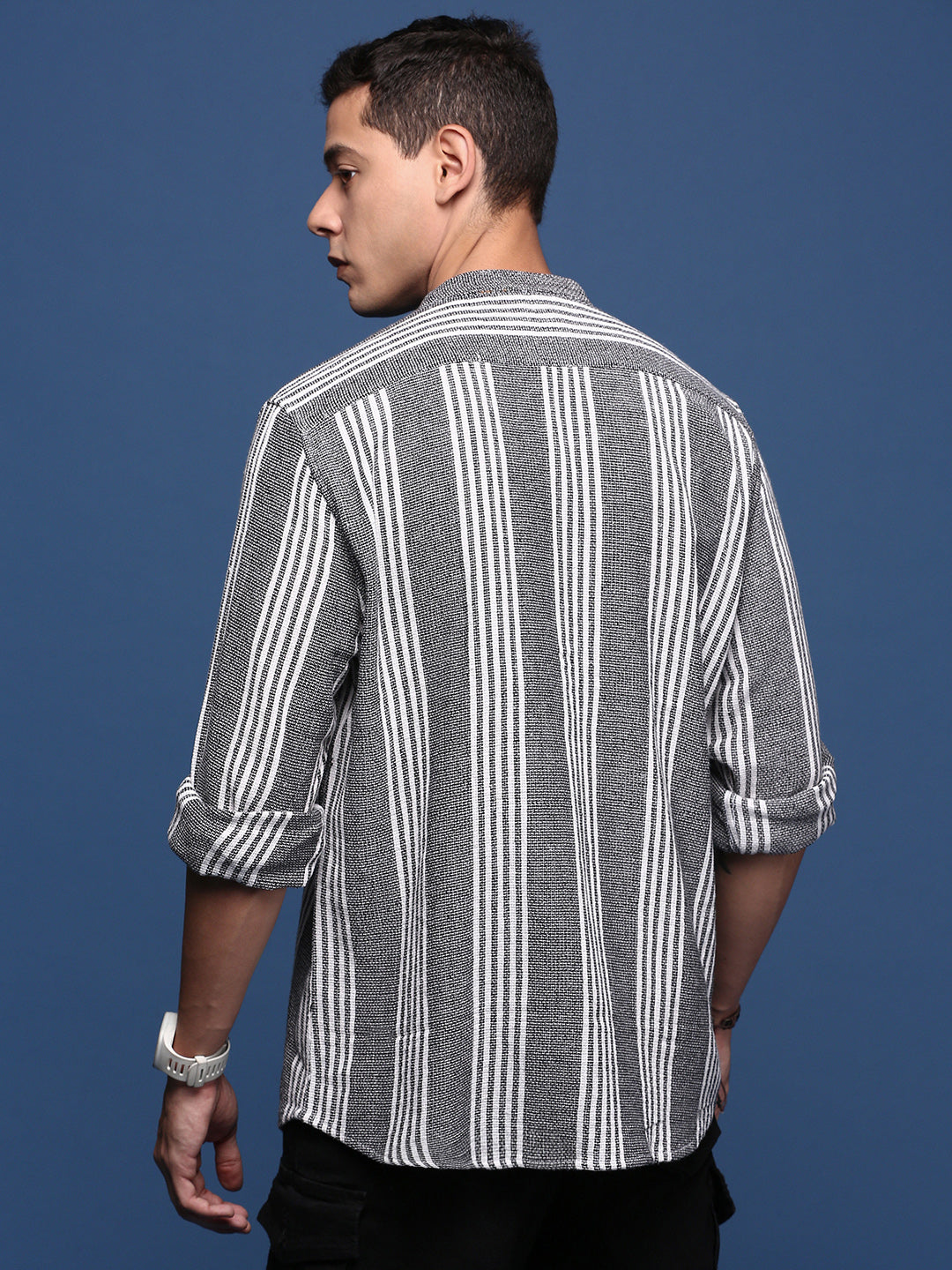 Men Mandarin Collar Striped Black Slim Fit Shirt