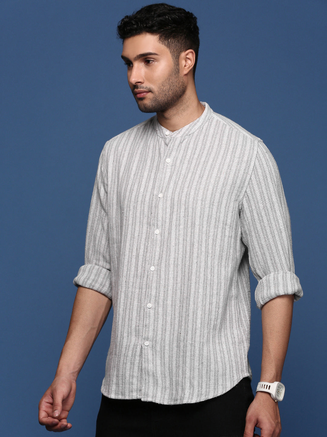 Men Mandarin Collar Striped Grey Slim Fit Shirt