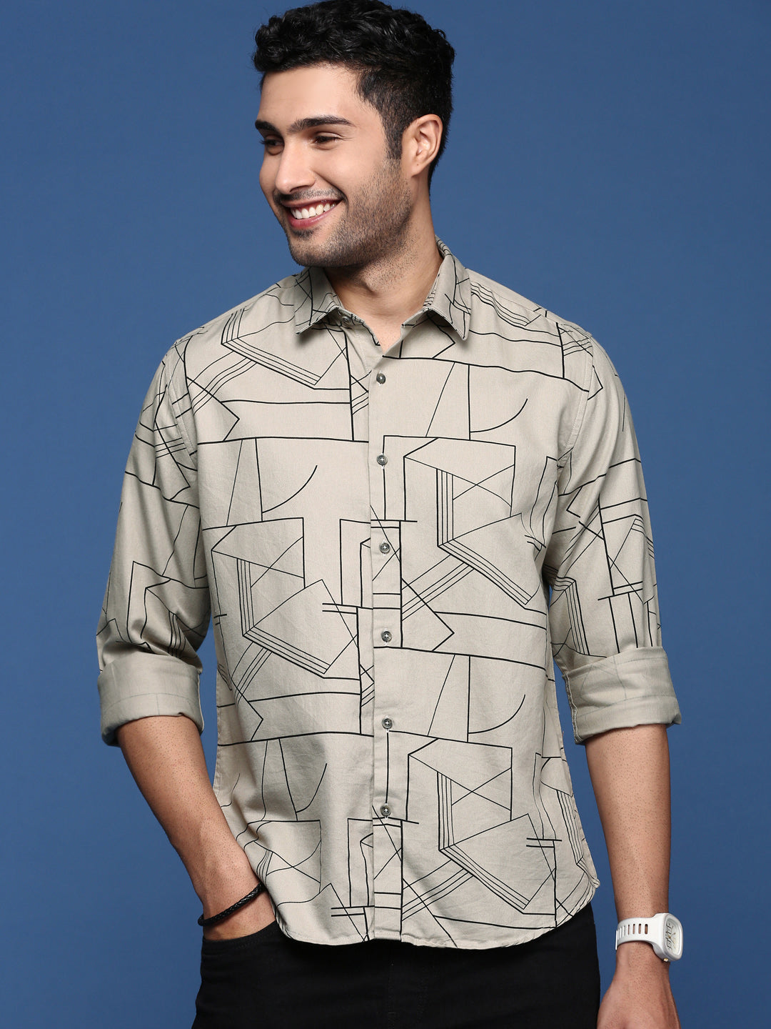 Men Geometric Grey Slim Fit Shirt