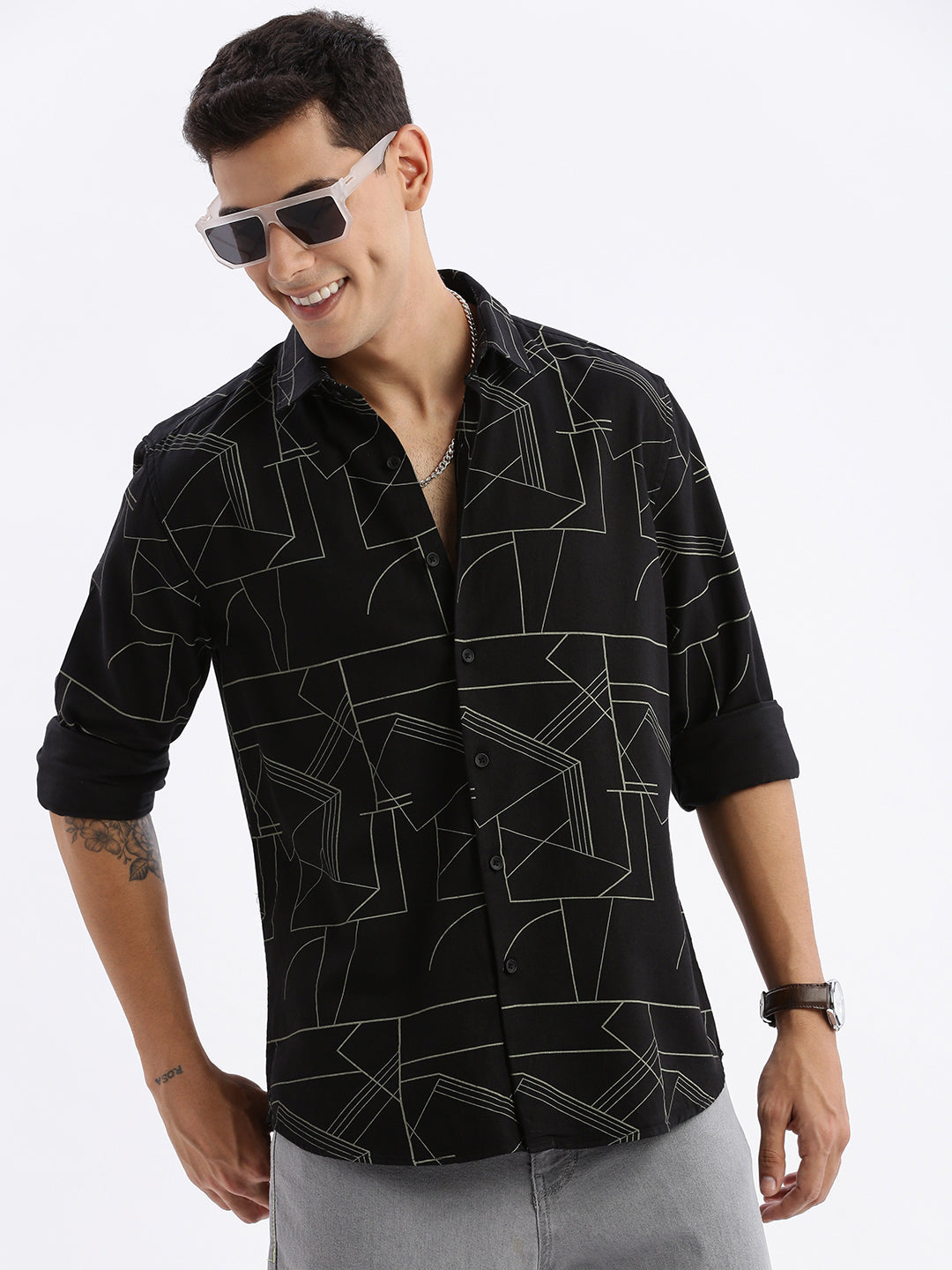 Men Spread Collar Printed Slim Fit Black Shirt