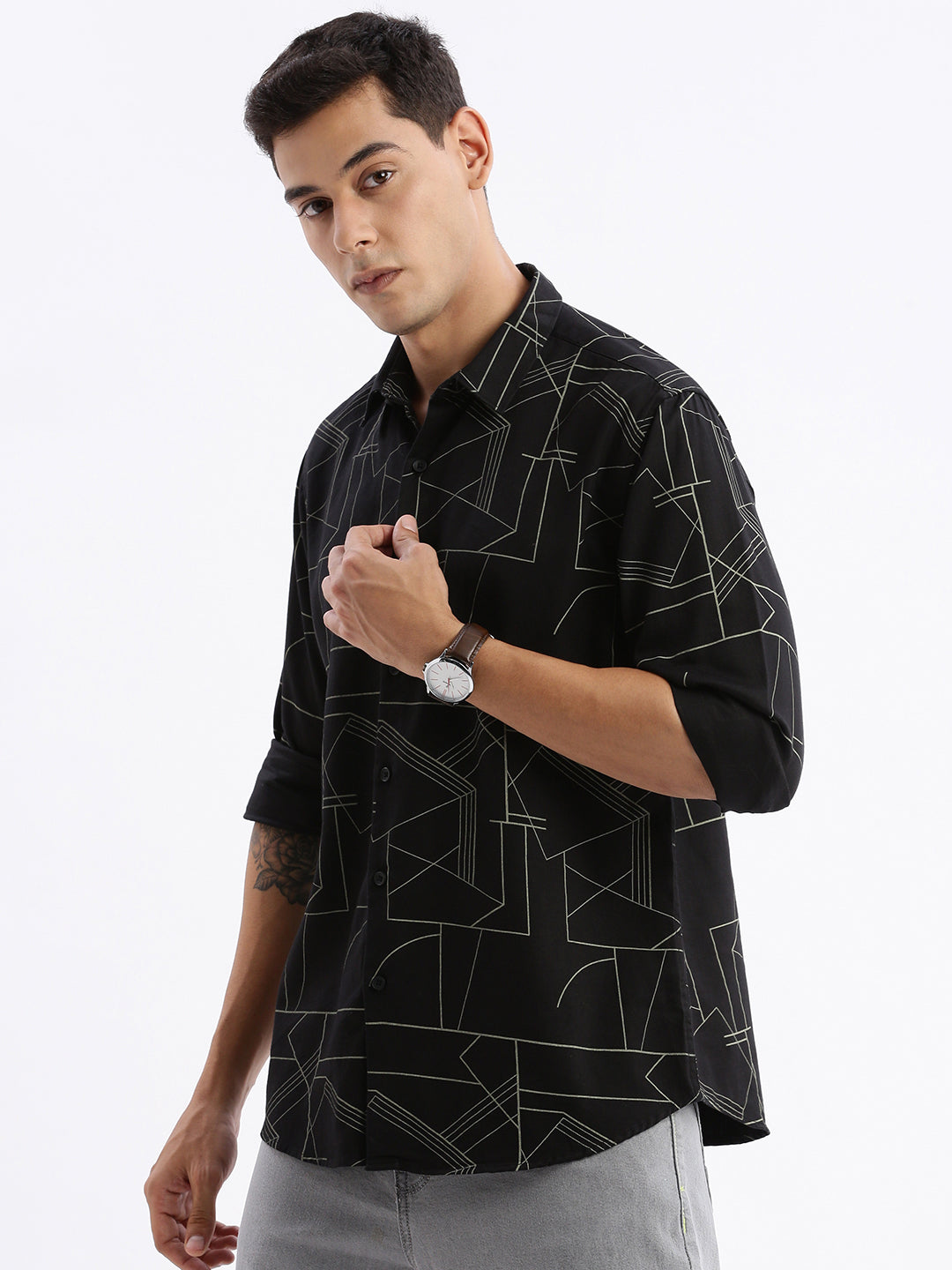 Men Spread Collar Printed Slim Fit Black Shirt