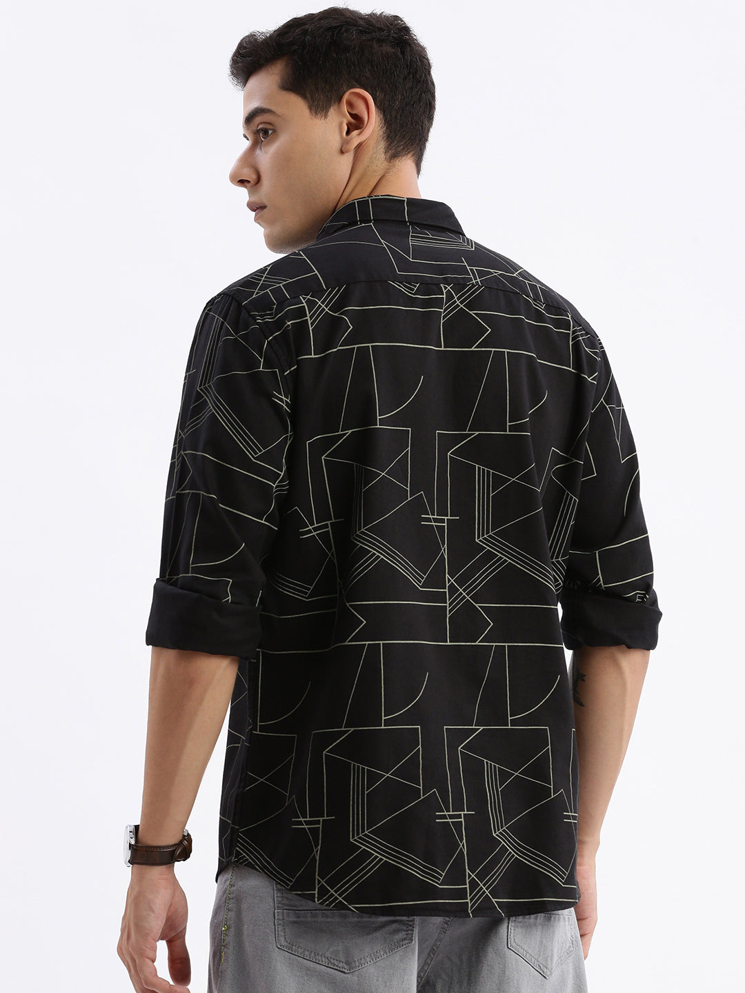 Men Spread Collar Printed Slim Fit Black Shirt