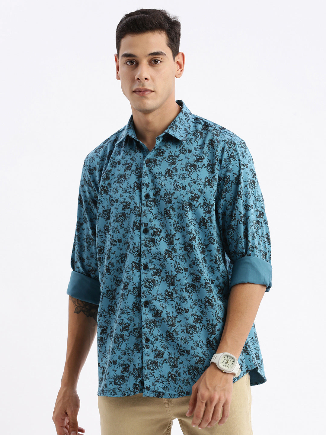 Men Spread Collar Floral Slim Fit Teal Shirt