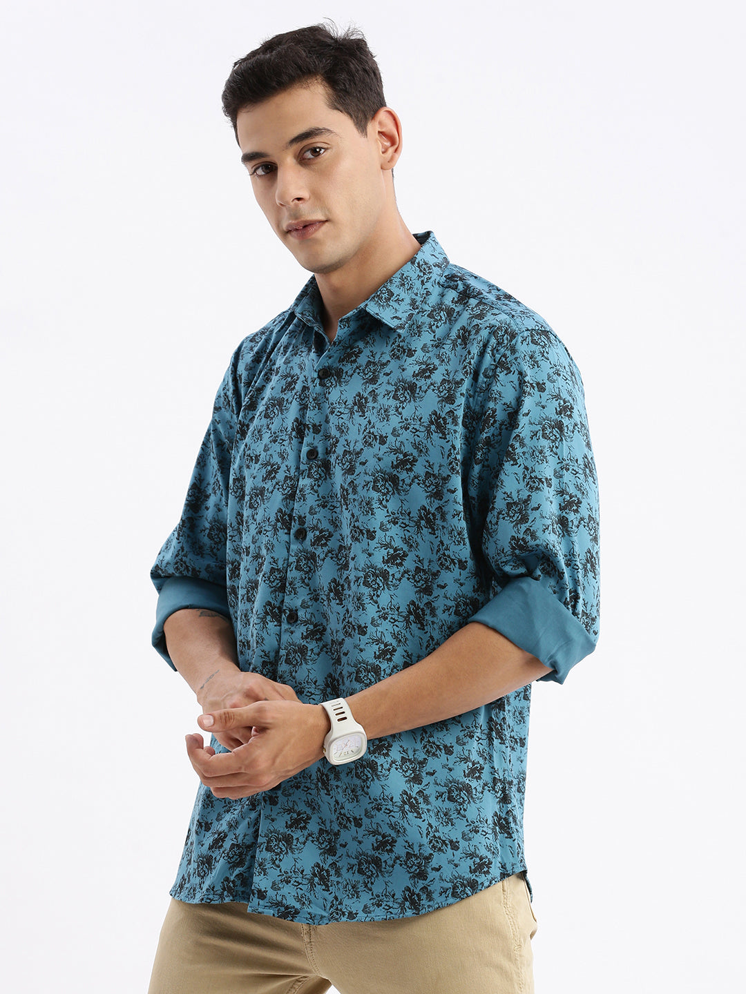 Men Spread Collar Floral Slim Fit Teal Shirt