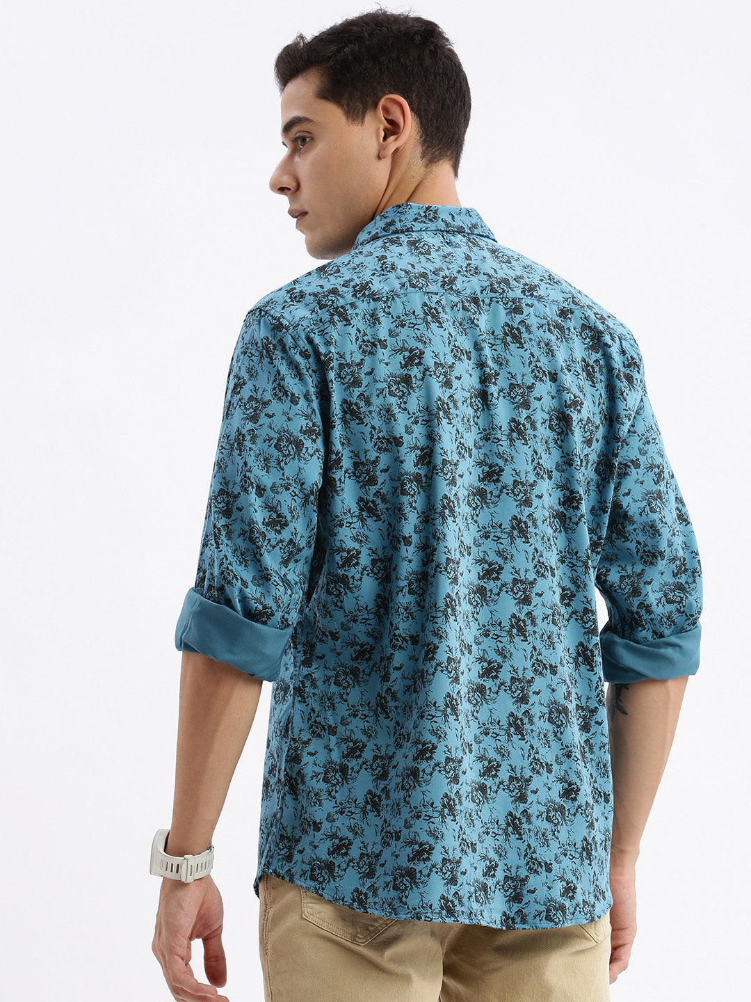 Men Spread Collar Floral Slim Fit Teal Shirt