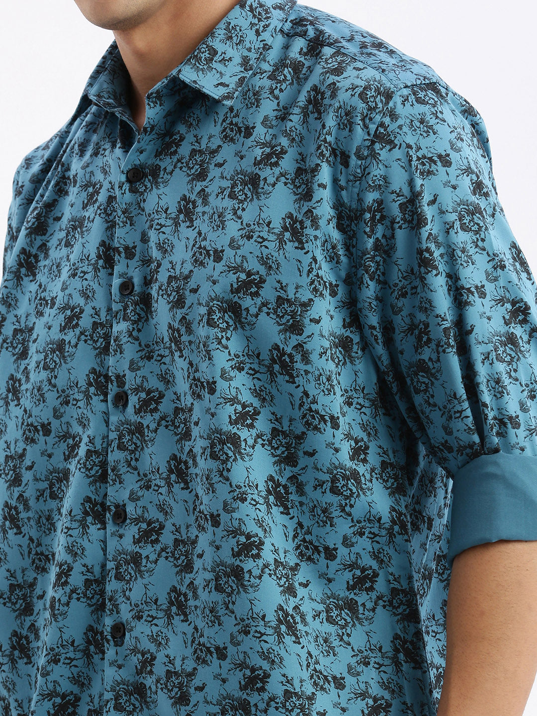 Men Spread Collar Floral Slim Fit Teal Shirt